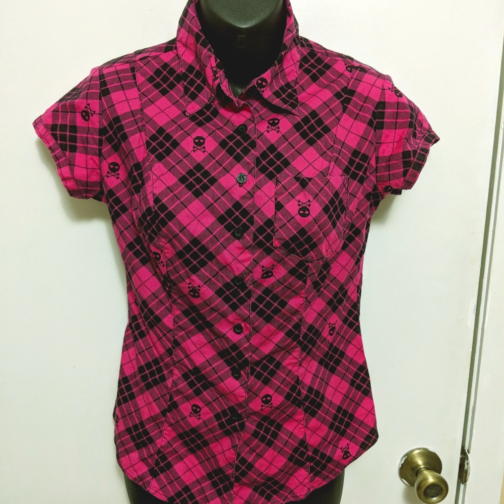 Pirate Skull Pattern plaid collared school shirt
